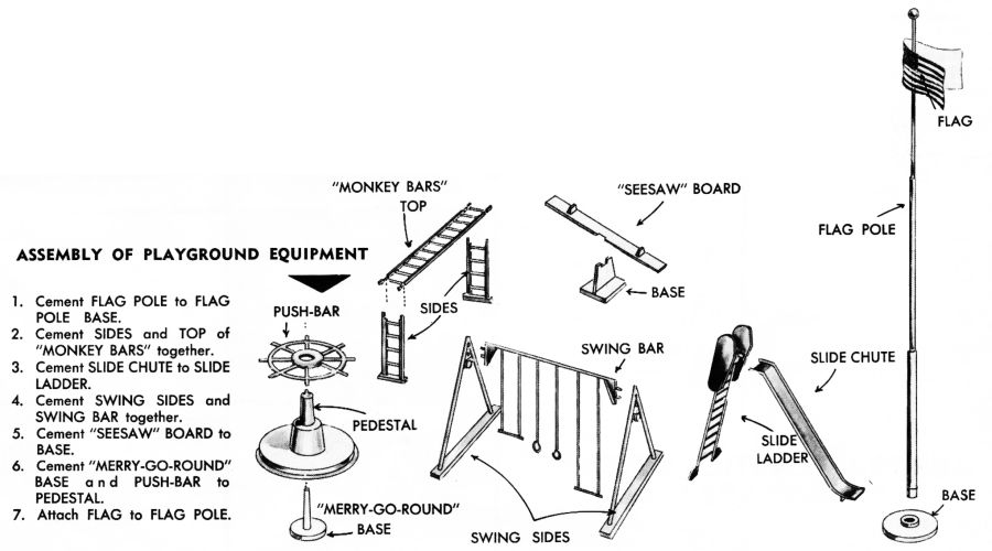 Figure #7 School House Playground Equipment Monkey Bars Merry Go Round Swing Seesaw Ladder Flag Pole