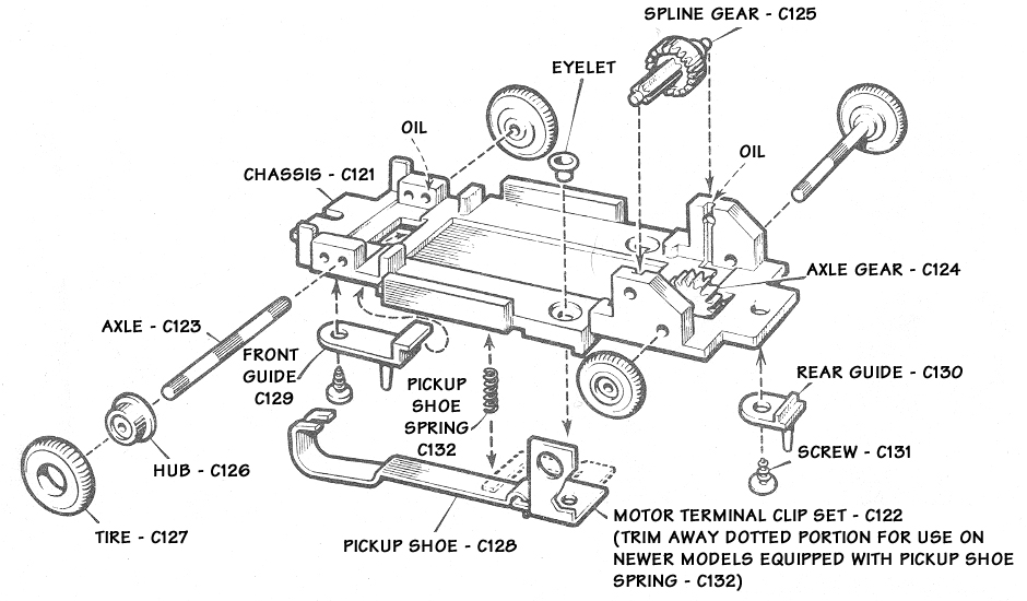 Atlas HO Scale Slot Car Chassis Exploded Schematic